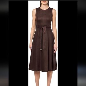Calvin Klein Chocolate Brown Sleeveless Brown A-Line Midi Dress Self-Tie Belt